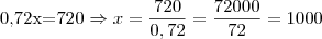 $0,72x=720 \Rightarrow x = \dfrac{720}{0,72}=\dfrac{72000}{72}=1000$ $0,72x=720 \Rightarrow x = \dfrac{720}{0,72}=\dfrac{72000}{72}=1000$
