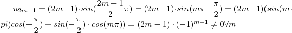 u_{2m-1} =  (2m-1) \cdot sin( \frac{2m-1}{2}\pi) = (2m-1) \cdot sin( m \pi - \frac{\pi}{2} ) = (2m-1)(sin(m\cdot pi) cos(-\frac{\pi}{2})  +  sin(-\frac{\pi}{2}) \cdot cos(m\pi)  ) =  (2m-1) \cdot (-1)^{m+1}   \neq 0   \forall m