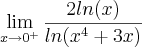 \lim_{x\rightarrow0^+}\frac{2ln(x)}{ln(x^4 + 3x)}