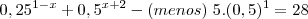 \;\;\;0,25^{1-x}+0,5^{x+2}-(menos) \; 5.(0,5)^1=28 \;\;\;0,25^{1-x}+0,5^{x+2}-(menos) \; 5.(0,5)^1=28