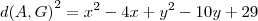 {d(A,G)}^{2}={x}^{2}-4x+{y}^{2}-10y+29 {d(A,G)}^{2}={x}^{2}-4x+{y}^{2}-10y+29