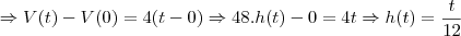 \Rightarrow V(t)-V(0)=4(t-0)\Rightarrow 48.h(t)-0=4t\Rightarrow h(t)=\frac{t}{12} \Rightarrow V(t)-V(0)=4(t-0)\Rightarrow 48.h(t)-0=4t\Rightarrow h(t)=\frac{t}{12}