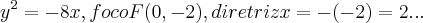 {y}^{2}=-8x,foco F(0,-2),diretriz x=-(-2)=2... {y}^{2}=-8x,foco F(0,-2),diretriz x=-(-2)=2...