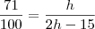 \frac{71}{100}=\frac{h}{2h-15} \frac{71}{100}=\frac{h}{2h-15}