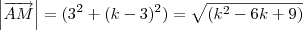 \left | \overrightarrow{AM} \right | = (3^2 + (k-3)^2) = \sqrt{(k^2 - 6k + 9)} \left | \overrightarrow{AM} \right | = (3^2 + (k-3)^2) = \sqrt{(k^2 - 6k + 9)}