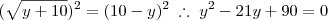(\sqrt{y + 10})^2 = (10 - y)^2 \; \therefore \; y^2 - 21y + 90 = 0 (\sqrt{y + 10})^2 = (10 - y)^2 \; \therefore \; y^2 - 21y + 90 = 0