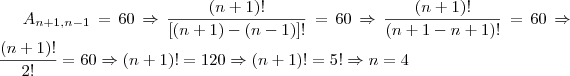 A_{n+1,n-1}=60 \Rightarrow \frac{(n+1)!}{[(n+1)-(n-1)]!}=60 \Rightarrow \frac{(n+1)!}{(n+1-n+1)!}=60 \Rightarrow \frac{(n+1)!}{2!}=60 \Rightarrow (n+1)!=120 \Rightarrow (n+1)! = 5! \Rightarrow n=4