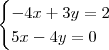 \begin{cases}-4x+3y=2\\5x-4y=0\end{cases}