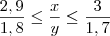 \dfrac{2,9}{1,8} \leq \dfrac{x}{y}  \leq \dfrac{3}{1,7}