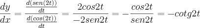 \frac{dy}{dx}=\frac{\frac{d(sen(2t))}{dt}}{\frac{d(cos(2t))}{dt}}=\frac{2cos2t}{-2sen2t}=-\frac{cos2t}{sen2t}=-cotg 2t \frac{dy}{dx}=\frac{\frac{d(sen(2t))}{dt}}{\frac{d(cos(2t))}{dt}}=\frac{2cos2t}{-2sen2t}=-\frac{cos2t}{sen2t}=-cotg 2t