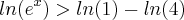 ln({e}^{x})>  ln(1) - ln(4)