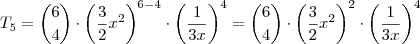 T_5=\dbinom{6}{4}\cdot\left(\dfrac{3}{2}x^2\right)^{6-4}\cdot\left(\dfrac{1}{3x}\right)^{4}=\dbinom{6}{4}\cdot\left(\dfrac{3}{2}x^2\right)^{2}\cdot\left(\dfrac{1}{3x}\right)^{4}