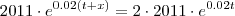 2011\cdot e^{0.02(t+x)}=2\cdot 2011\cdot e^{0.02t} 2011\cdot e^{0.02(t+x)}=2\cdot 2011\cdot e^{0.02t}