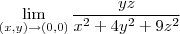 \lim_{(x, y)\rightarrow (0, 0)} \frac {yz}{x^2+4y^2+9z^2} \lim_{(x, y)\rightarrow (0, 0)} \frac {yz}{x^2+4y^2+9z^2}