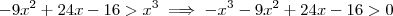 -9x^2 +24x -16 > x^3 \implies -x^3 -9x^2 +24x -16 > 0 -9x^2 +24x -16 > x^3 \implies -x^3 -9x^2 +24x -16 > 0