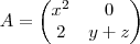 A= 
\begin{pmatrix}
   x^2 & 0  \\ 
   2 & y+z 
\end{pmatrix}