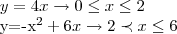 y=4x\rightarrow 0\leq x \leq 2
y=-{x}^{2}+6x \rightarrow 2\prec x \leq 6 y=4x\rightarrow 0\leq x \leq 2
y=-{x}^{2}+6x \rightarrow 2\prec x \leq 6