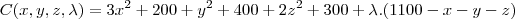 C(x,y,z,\lambda)=3x^2+200+y^2+400+2z^2+300+\lambda.(1100-x-y-z)