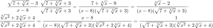\frac{ \sqrt{7+\sqrt[3]{x}} - 3}{x-8} \cdot \frac{ \sqrt{7+\sqrt[3]{x}} +3}{\sqrt{7+\sqrt[3]{x}} +3} = \frac{7+\sqrt[3]{x} -9}{(x-8)(\sqrt{7+\sqrt[3]{x}} +3)} = \frac{\sqrt[3]{x} - 2}{(x-8)(\sqrt{7+\sqrt[3]{x}} +3)} \cdot \frac{ \sqrt[3]{x^2} + 2 \sqrt[3]{x} + 4}{ \sqrt[3]{x^2} + 2 \sqrt[3]{x} + 4} = \frac{x-8}{(x-8)(\sqrt{7+\sqrt[3]{x}} +3)( \sqrt[3]{x^2} + 2 \sqrt[3]{x} + 4)} = \frac{1}{(\sqrt{7+\sqrt[3]{x}} +3)( \sqrt[3]{x^2} + 2 \sqrt[3]{x} + 4)}