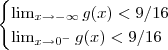 \begin{cases} \lim_{x\to -\infty} g(x) <9/16\\  \lim_{x\to 0^-} g(x) < 9/16\end{cases}